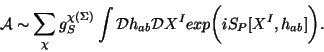 \begin{displaymath}
{\cal A} \sim \sum_{\chi} g_S^{\chi(\Sigma)} \int {\cal D} h_{ab} {\cal D} X^I
exp \bigg(i S_P[X^I,h_{ab}]
\bigg).
\end{displaymath}