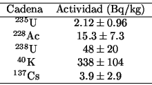 \begin{displaymath}
\begin{tabular}{cc}
\hline
Cadena & Actividad (Bq/kg) \\
...
...04$ \\
$\ ^{137}$Cs& $ 3.9\pm 2.9$ \\
\hline
\end{tabular}\end{displaymath}
